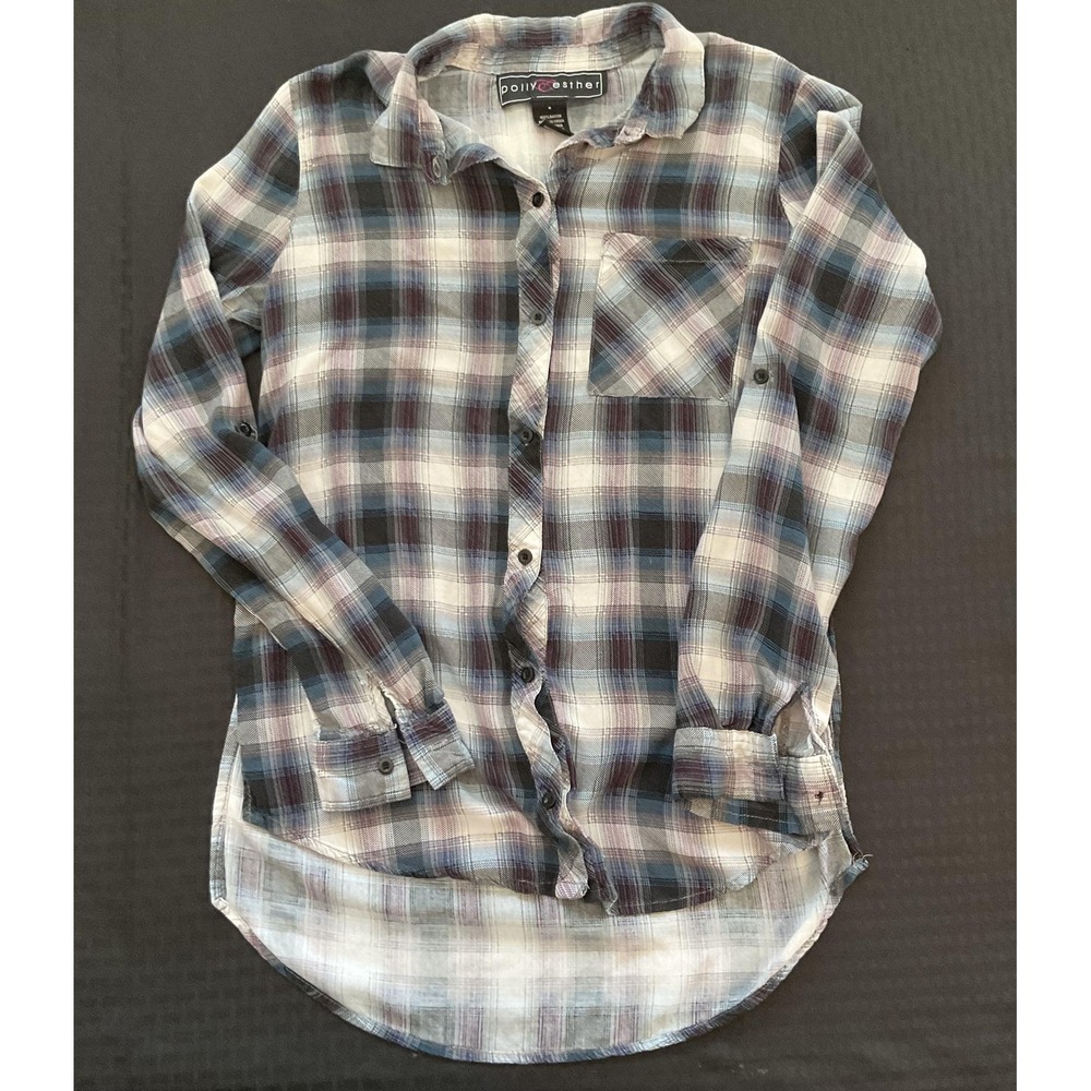 Polly & Esther Shirt Womens Small Blue White Plaid Button Down Long Sleeve Top